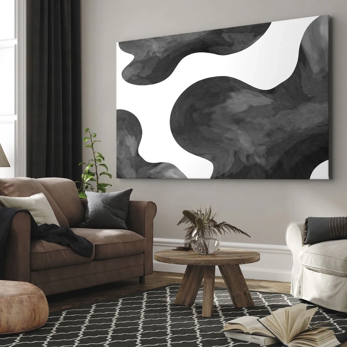 Cuadro sobre lienzo - Impresión de Imagen - Patrón abstracto en tonos de gris y blanco. - 120x80cm - El blanco fluye sobre el negro - Decoración de pared moderna para salón y dormitorio ARTTOR