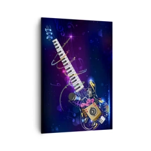 Cuadro sobre lienzo - Impresión de Imagen - Una guitarra colorida con un teclado y un micrófono sobre un fondo oscuro. - 70x100cm - El poder del ritmo - Decoración de pared moderna para salón y dormitorio ARTTOR