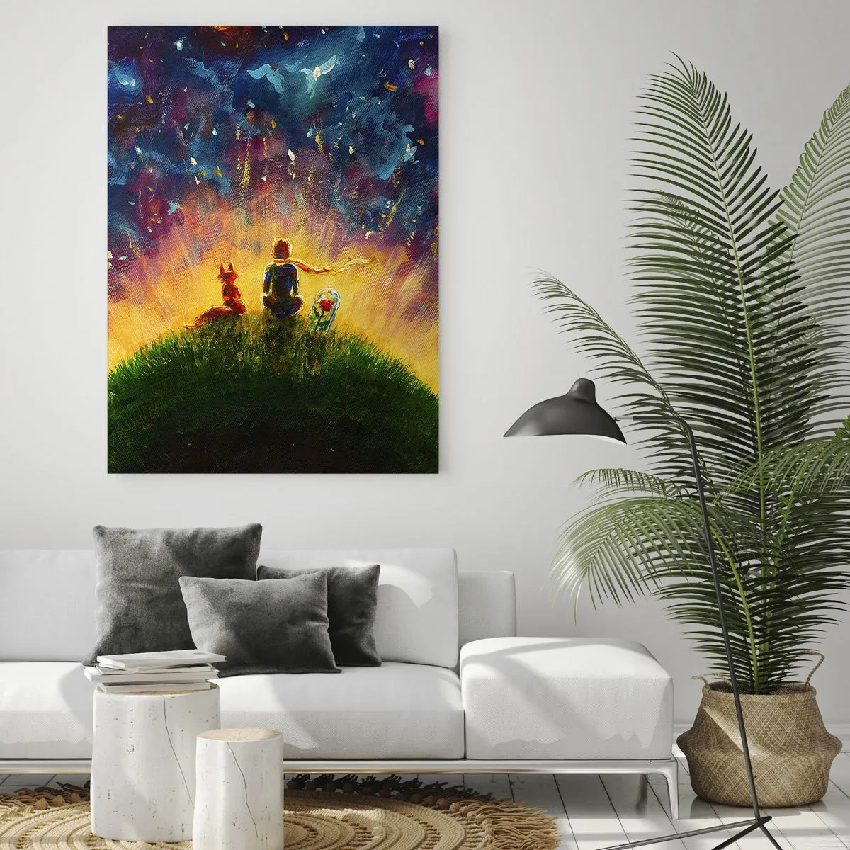 Cuadro sobre vidrio - Impresiones sobre Vidrio - Una figura con un zorro en un planeta bajo un cielo estrellado. - 50x70cm - Amor y amistad - lo único entero - Decoración de pared moderna para salón y dormitorio ARTTOR