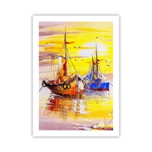 Póster - Veleros coloridos al atardecer - 50x70cm - Un merecido descanso en el puerto - Decoración de pared moderna para salón y dormitorio ARTTOR