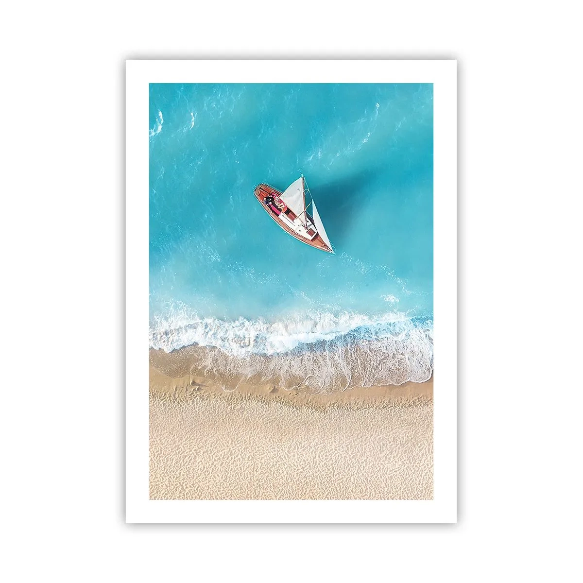 Póster - Un yate contra el mar azul en la costa. - 50x70cm - Frontera celeste y dorada - Decoración de pared moderna para salón y dormitorio ARTTOR