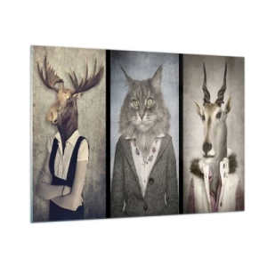 Cuadro sobre vidrio - Impresiones sobre Vidrio - Tres retratos surrealistas de animales con elegantes trajes humanos. - 100x70cm - Las pieles vuelven a estar de moda - Decoración de pared moderna para salón y dormitorio ARTTOR