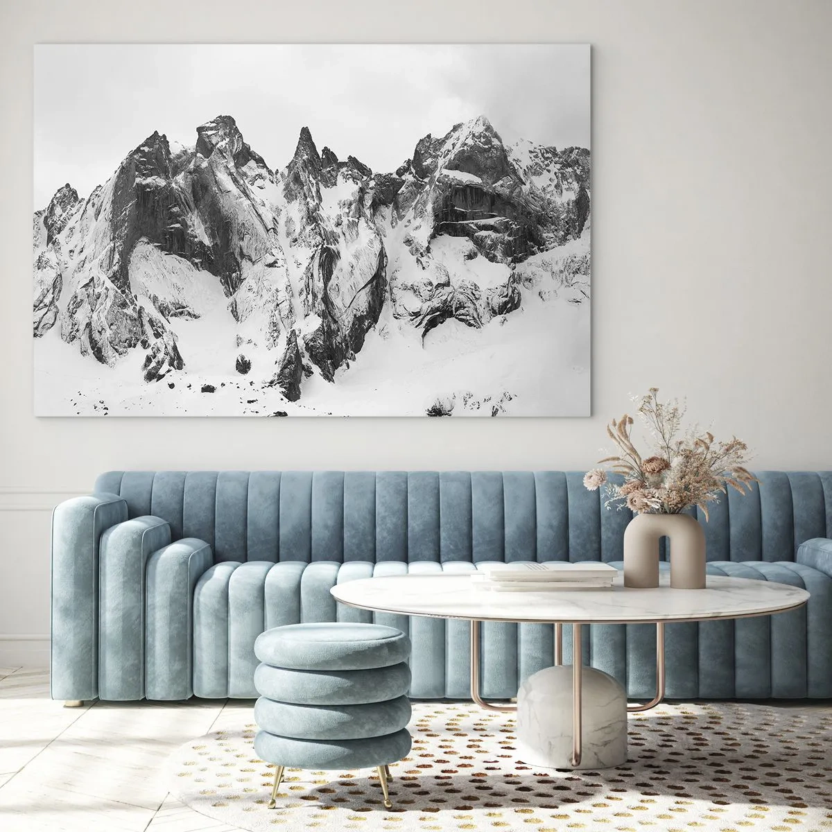 Cuadro sobre vidrio - Impresiones sobre Vidrio - Picos de montañas nevados en blanco y negro - 70x50cm - Cresta amenazante - Decoración de pared moderna para salón y dormitorio ARTTOR