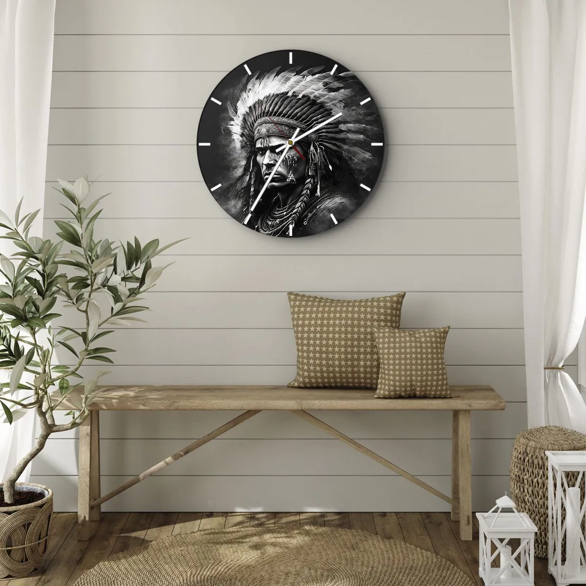 Reloj de pared - Reloj de vidrio - Retrato de un jefe con un tocado de plumas en estilo monocromático - 30x30cm - Líder y guerrero - Decoración de pared moderna para salón, cocina y dormitorio ARTTOR