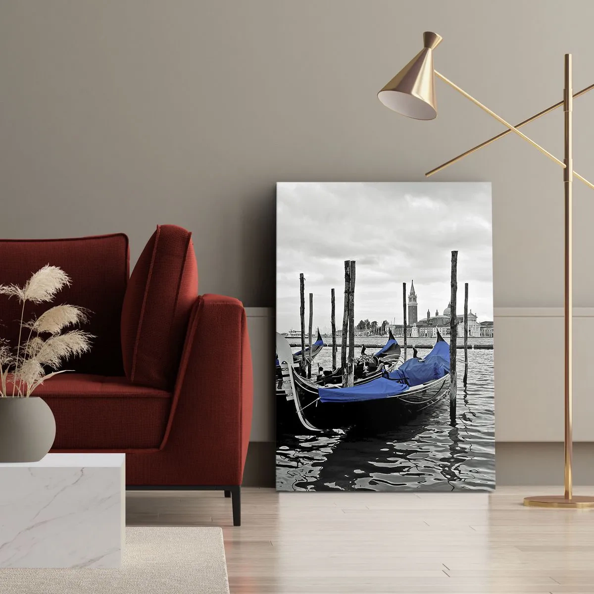 Cuadro sobre lienzo - Impresión de Imagen - Góndolas en Venecia con cubiertas azules - 50x70cm - Venecia en el pensamiento - Decoración de pared moderna para salón y dormitorio ARTTOR