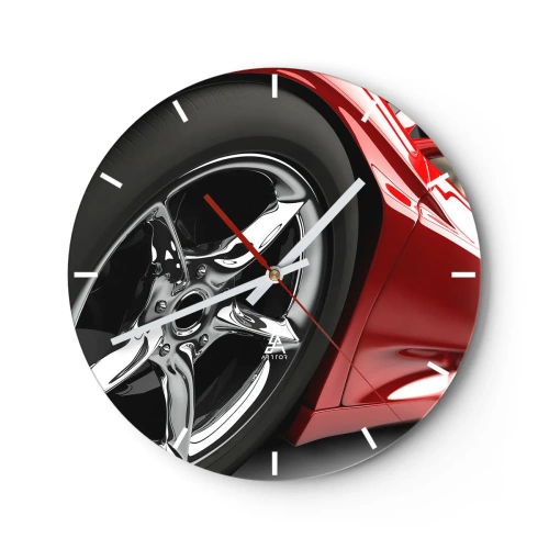 Reloj de pared - Reloj de vidrio - Primer plano de las llantas cromadas de un coche rojo. - 30x30cm - Creado para la velocidad - Decoración de pared moderna para salón, cocina y dormitorio ARTTOR