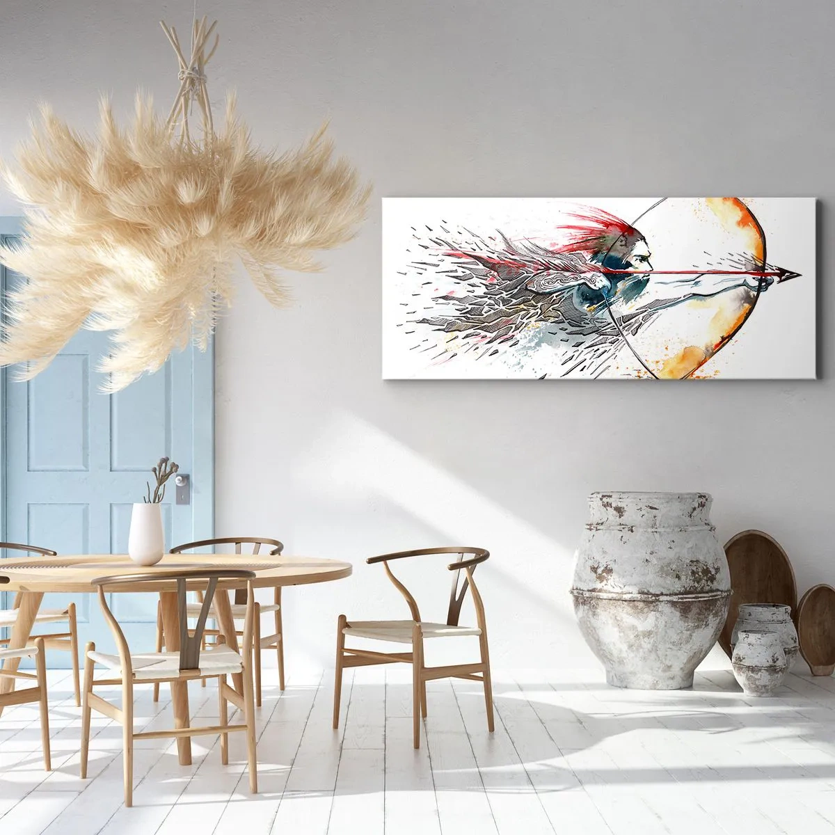 Cuadro sobre lienzo - Impresión de Imagen - Pintura dinámica de acuarela de un guerrero con arco y flecha. - 160x50cm - Guerrero mítico con arco de fuego - Decoración de pared moderna para salón y dormitorio ARTTOR