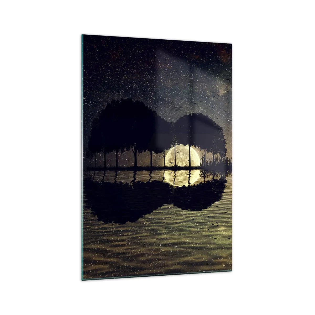 Cuadro sobre vidrio - Impresiones sobre Vidrio - Una noche mágica con árboles y la luna reflejada en el agua. - 70x100cm - Noche en el fin del mundo - Decoración de pared moderna para salón y dormitorio ARTTOR