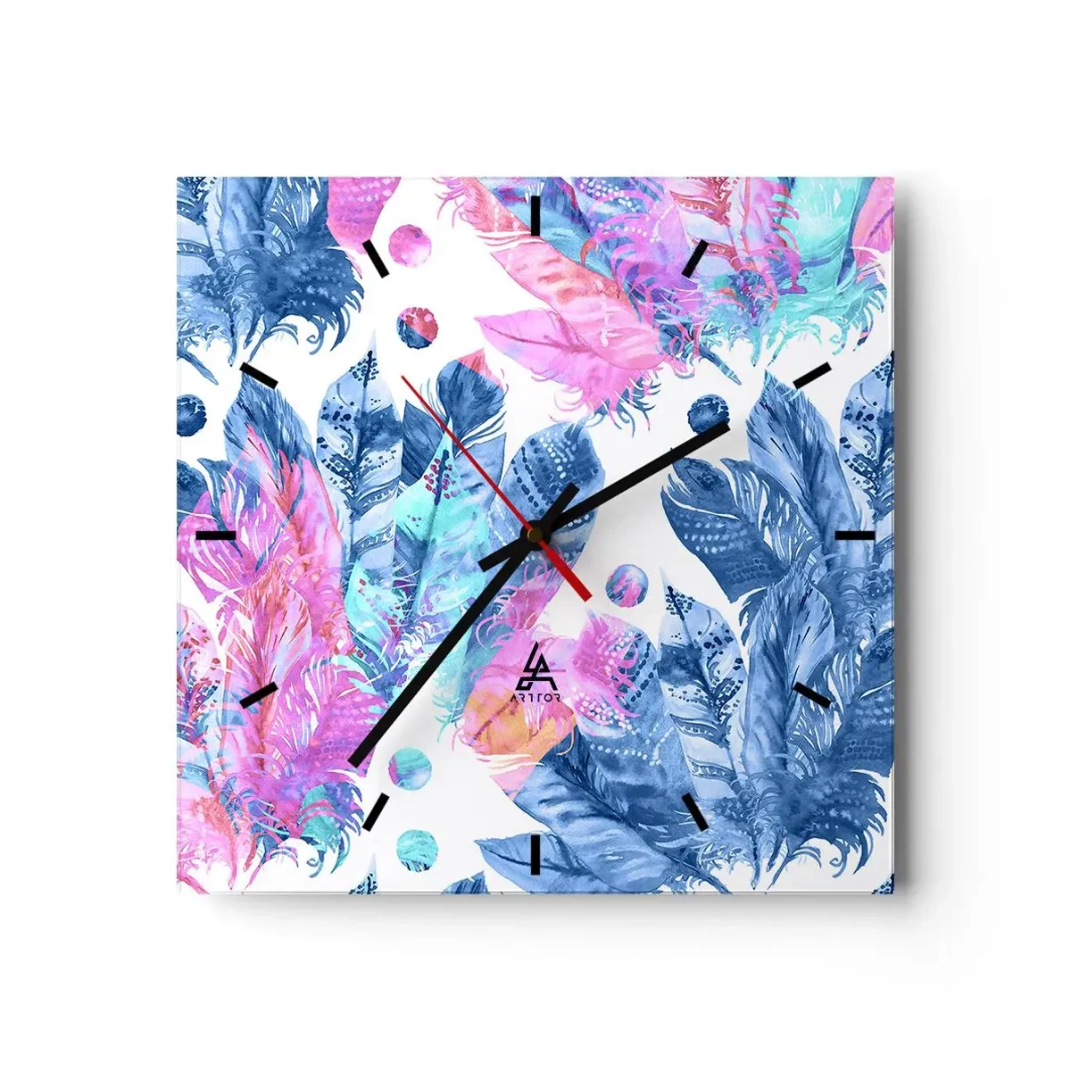 Reloj de pared - Reloj de vidrio - Patrón abstracto con plumas de colores en tonos pastel. - 30x30cm - Plumas de color rosa y azul - Decoración de pared moderna para salón y dormitorio ARTTOR