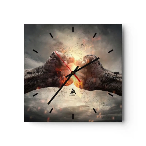 Reloj de pared - Reloj de vidrio - Puños cerrados en una escena de incendio dinámica - 30x30cm - La lucha comienza - Decoración de pared moderna para salón y dormitorio ARTTOR