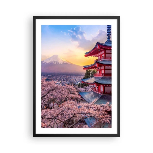 Póster en marco negro - Una pagoda con vistas al monte Fuji rodeada de flores de cerezo al atardecer. - 50x70cm - La esencia del espíritu japonés - Decoración de pared moderna para salón y dormitorio ARTTOR