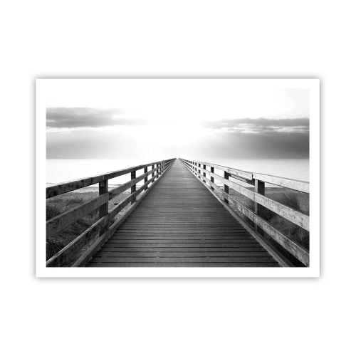 Póster - Una imagen en blanco y negro de un embarcadero de madera que conduce hacia el horizonte. - 100x70cm - En la distancia... - Decoración de pared moderna para salón y dormitorio ARTTOR