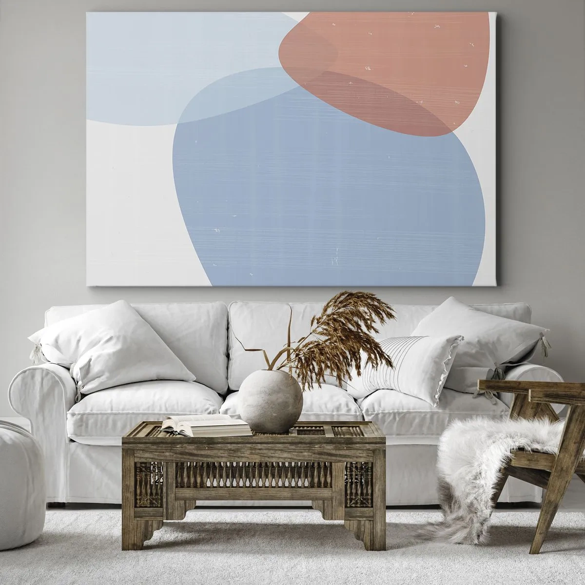 Cuadro sobre lienzo - Impresión de Imagen - Una composición abstracta en tonos pastel azul y rosa con formas orgánicas. - 70x50cm - Relaciones en colores pastel - Decoración de pared moderna para salón y dormitorio ARTTOR