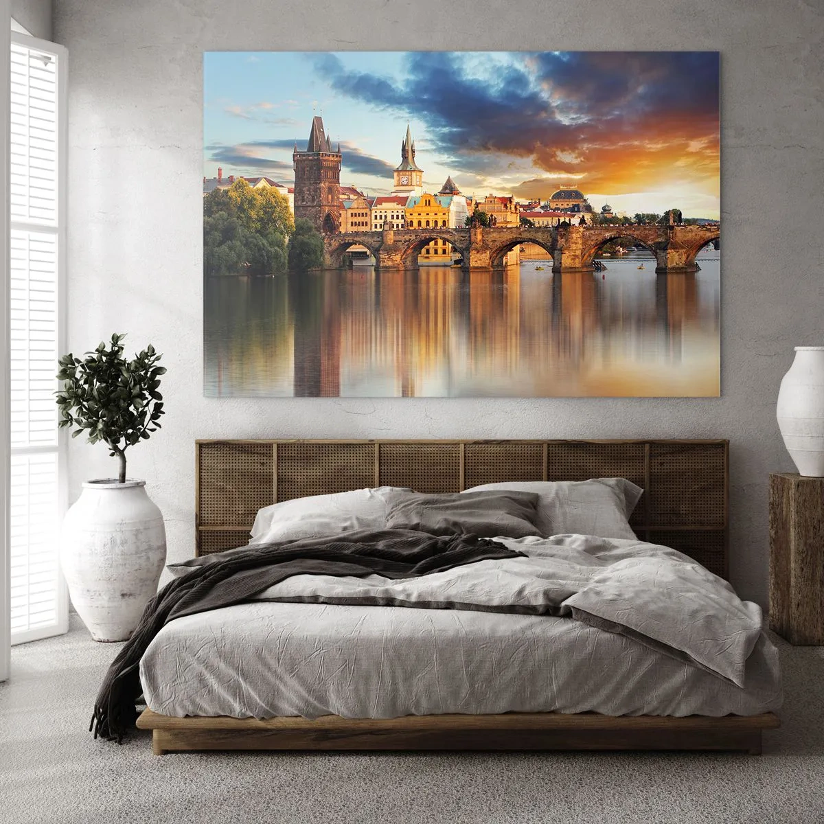 Cuadro sobre vidrio - Impresiones sobre Vidrio - Puente de Carlos al atardecer con pintorescos edificios al fondo - 120x80cm - La belleza no tiene edad - Decoración de pared moderna para salón y dormitorio ARTTOR