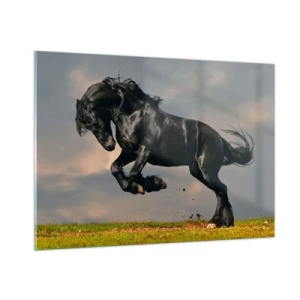 Cuadro sobre vidrio - Impresiones sobre Vidrio - Un caballo oscuro en un salto dinámico contra un cielo nublado. - 100x70cm - Hermoso y libre - Decoración de pared moderna para salón y dormitorio ARTTOR