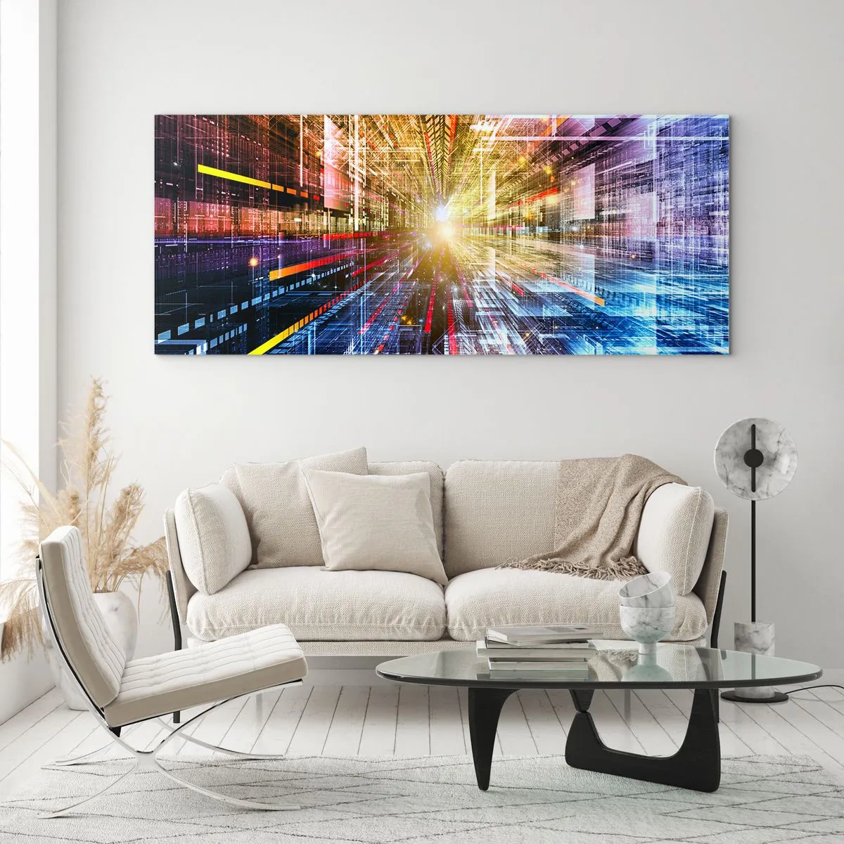 Cuadro sobre vidrio - Impresiones sobre Vidrio - Luces dinámicas en un pasillo futurista - 140x50cm - Un pasillo luminoso - Decoración de pared moderna para salón y dormitorio ARTTOR