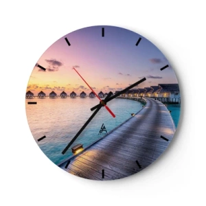 Reloj de pared - Reloj de vidrio - Un camino a lo largo de la playa con bungalows con el sol poniente como telón de fondo. - 30x30cm - Vacaciones - volver al origen - Decoración de pared moderna para salón, cocina y dormitorio ARTTOR