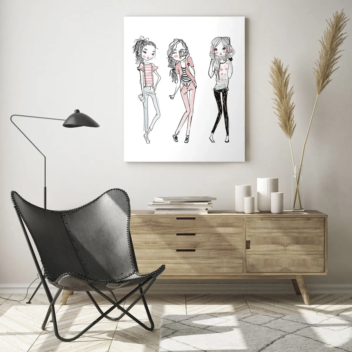 Cuadro sobre vidrio - Impresiones sobre Vidrio - Ilustración de chicas de moda en colores pastel. - 80x120cm - Es día de chicas - Decoración de pared moderna para salón y dormitorio ARTTOR