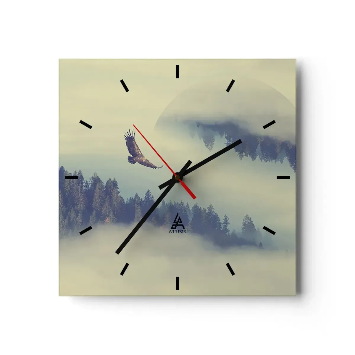 Reloj de pared - Reloj de vidrio - Un águila en vuelo con un telón de fondo de montañas brumosas con un motivo circular artístico. - 30x30cm - Vi la sombra de un águila - Decoración de pared moderna para salón y dormitorio ARTTOR