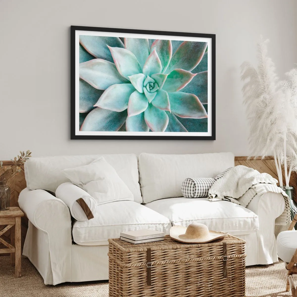 Póster en marco negro - Primer plano de una suculenta verde - 70x50cm - El corazón del desierto - Decoración de pared moderna para salón y dormitorio ARTTOR