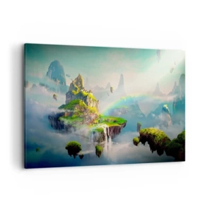 Cuadro sobre lienzo - Impresión de Imagen - Islas voladoras entre las nubes con un arcoíris en el horizonte. - 120x80cm - El medio de la nada - islas flotantes - Decoración de pared moderna para salón y dormitorio ARTTOR