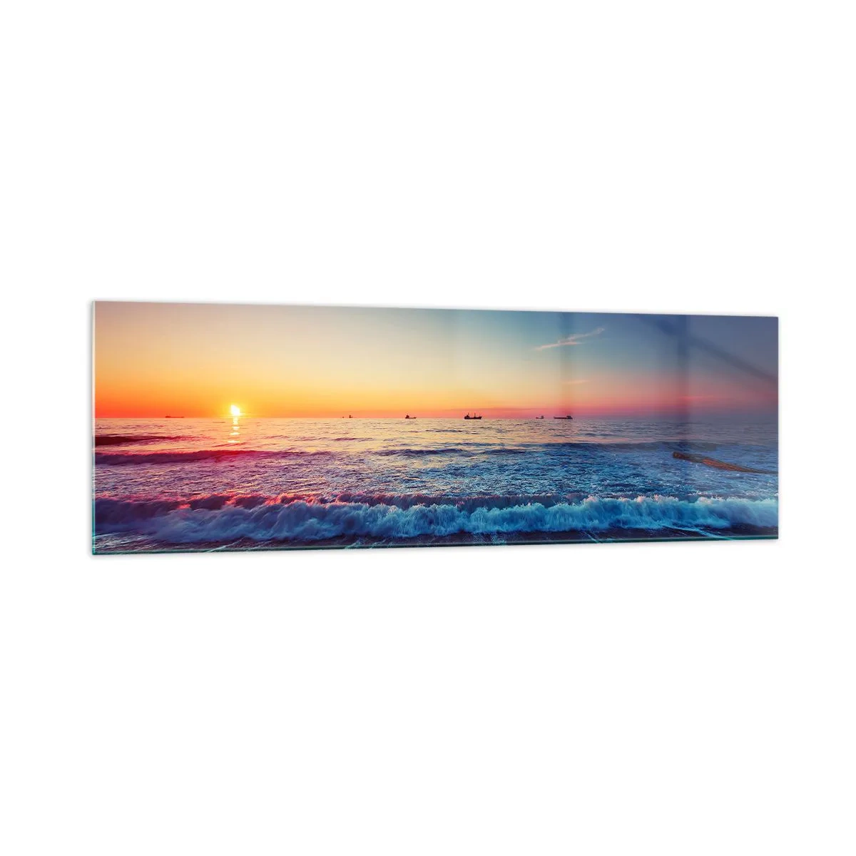 Cuadro sobre vidrio - Impresiones sobre Vidrio - Puesta de sol sobre un mar tranquilo con olas - 160x50cm - ¿Y qué hay tras el horizonte? - Decoración de pared moderna para salón y dormitorio ARTTOR