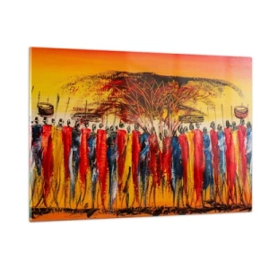 Cuadro sobre vidrio - Impresiones sobre Vidrio - Una escena colorida con personas con trajes tradicionales africanos. - 120x80cm - Allí, allí, allí van - Decoración de pared moderna para salón y dormitorio ARTTOR