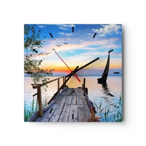 Reloj de pared - Reloj de vidrio - Muelle del lago con barco y puesta de sol - 30x30cm - Que llegue la noche - Decoración de pared moderna para salón y dormitorio ARTTOR