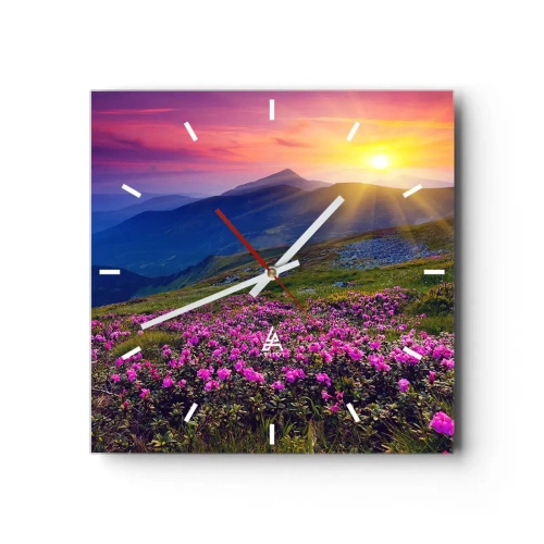 Reloj de pared - Reloj de vidrio - Un prado florido con vistas a las montañas durante la puesta de sol. - 30x30cm - ... Y el aroma a hierbas está por todas partes - Decoración de pared moderna para salón y dormitorio ARTTOR