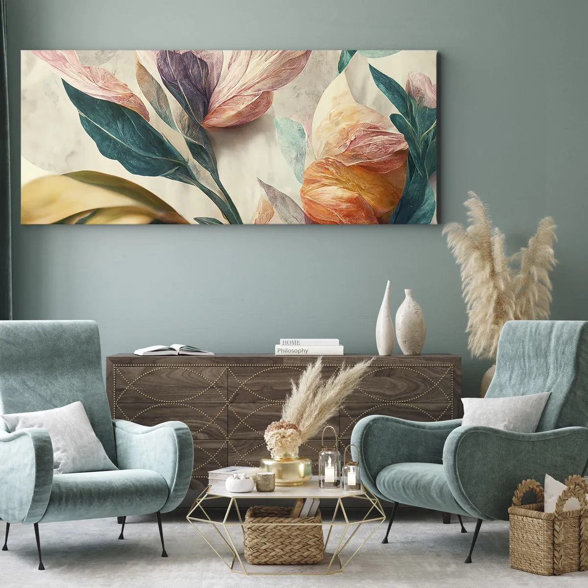 Cuadro sobre lienzo - Impresión de Imagen - Flores coloridas de estilo tropical sobre un fondo claro. - 120x50cm - Flores de las islas del sur - Decoración de pared moderna para salón y dormitorio ARTTOR