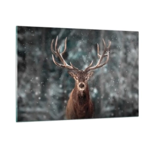 Cuadro sobre vidrio - Impresiones sobre Vidrio - Un ciervo orgulloso en un bosque invernal en medio de la nieve que cae. - 120x80cm - Coronado rey del bosque - Decoración de pared moderna para salón y dormitorio ARTTOR