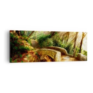 Cuadro sobre lienzo - Impresión de Imagen - Paisaje forestal con rayos de sol y un puente de piedra. - 140x50cm - Directamente desde el puente hacia el bosque de las hadas - Decoración de pared moderna para salón y dormitorio ARTTOR