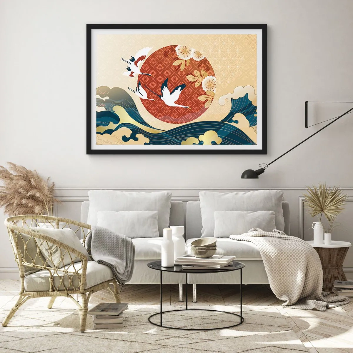 Póster en marco negro - Composición japonesa con grullas y olas. - 70x50cm - Un cuento de hadas japonés - Decoración de pared moderna para salón y dormitorio ARTTOR