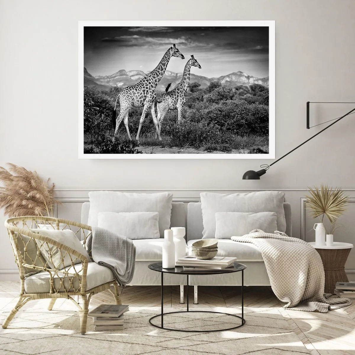 Póster - Siluetas en blanco y negro de dos jirafas en la sabana. - 100x70cm - La clase alta de África - Decoración de pared moderna para salón y dormitorio ARTTOR