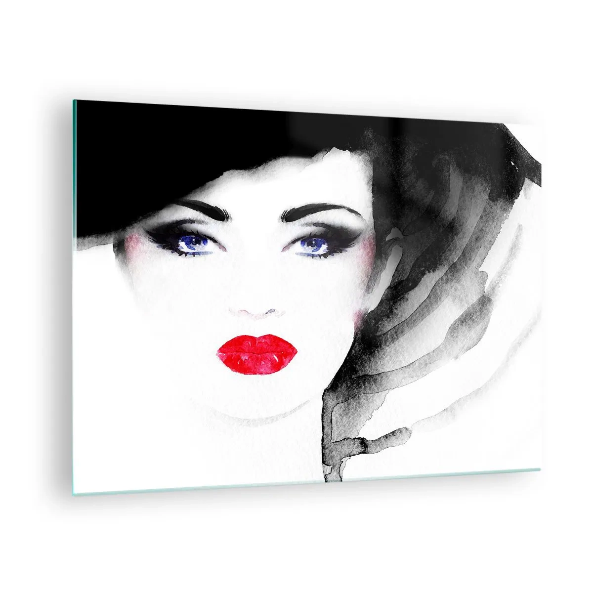 Cuadro sobre vidrio - Impresiones sobre Vidrio - Retrato de una mujer con labios rojos expresivos y un sombrero negro. - 70x50cm - Lenguaje no verbal - Decoración de pared moderna para salón y dormitorio ARTTOR