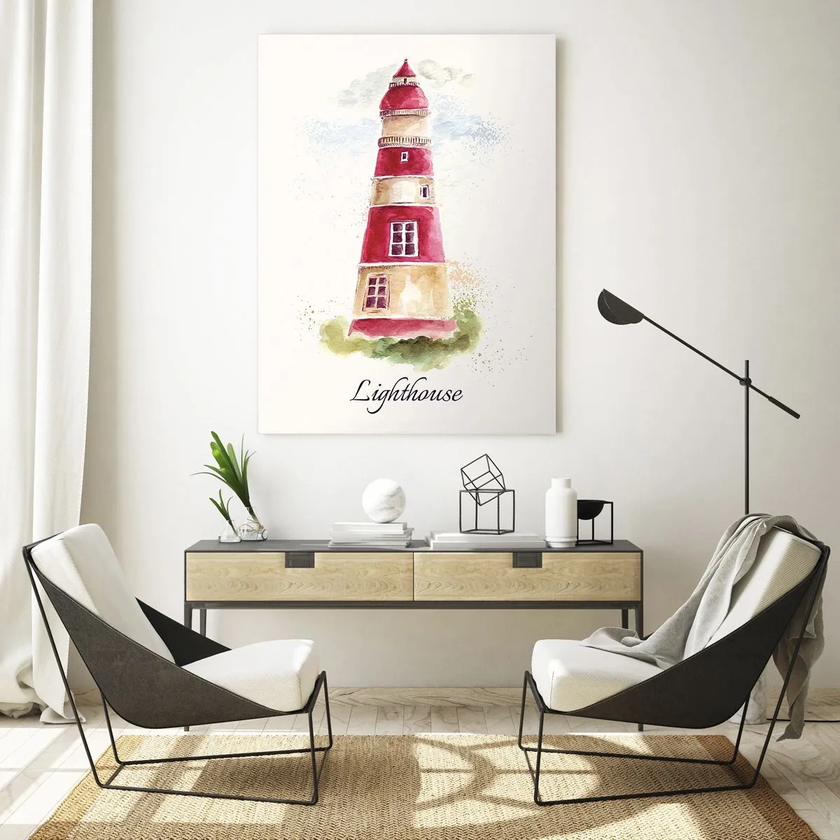 Cuadro sobre vidrio - Impresiones sobre Vidrio - Faro de acuarela con la inscripción Faro - 50x70cm - Siempre observando - Decoración de pared moderna para salón y dormitorio ARTTOR