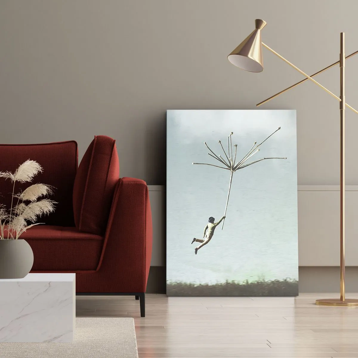 Cuadro sobre lienzo - Impresión de Imagen - Una figura levantada por una gran semilla de diente de león. - 50x70cm - Bailando con la brisa - Decoración de pared moderna para salón y dormitorio ARTTOR