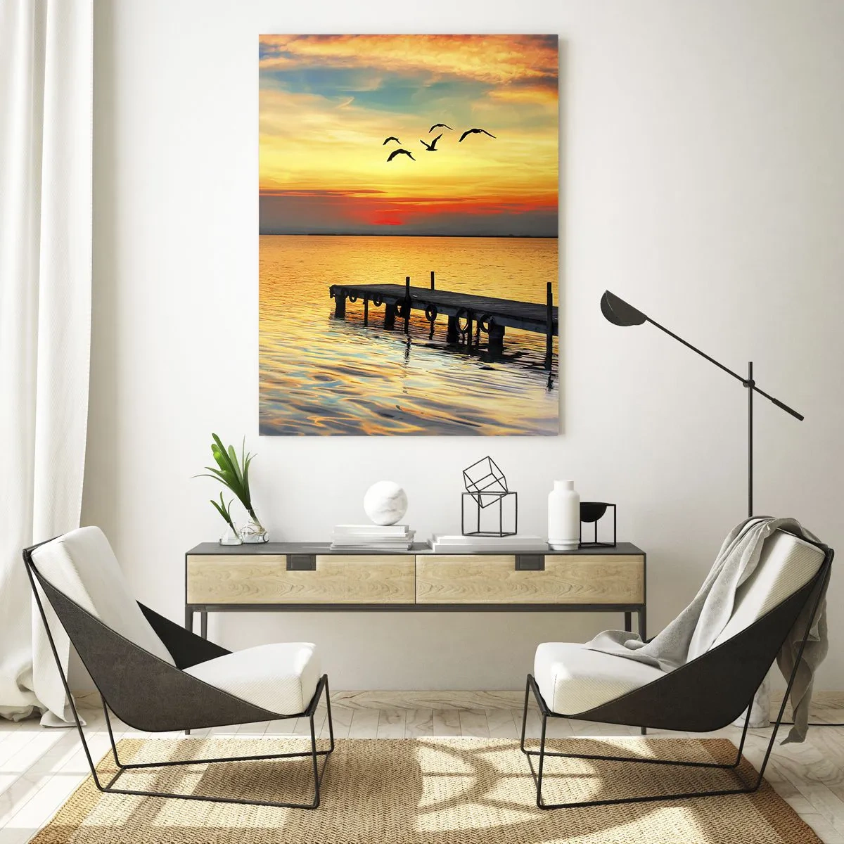 Cuadro sobre vidrio - Impresiones sobre Vidrio - Puesta de sol con un velero y un muelle en un lago tranquilo - 70x100cm - Regresos nocturnos - Decoración de pared moderna para salón y dormitorio ARTTOR