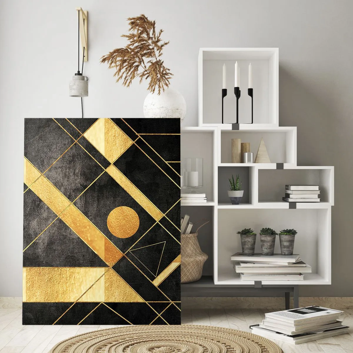 Cuadro sobre vidrio - Impresiones sobre Vidrio - Patrones geométricos dorados sobre un fondo negro - 50x70cm - Sol del desierto - Decoración de pared moderna para salón y dormitorio ARTTOR