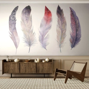 Fotomural Premium Sand - Plumas de acuarela en tonos sutiles. - 100x70cm - Suave como la niebla de muchos colores - Decoración de pared moderna para salón y dormitorio ARTTOR