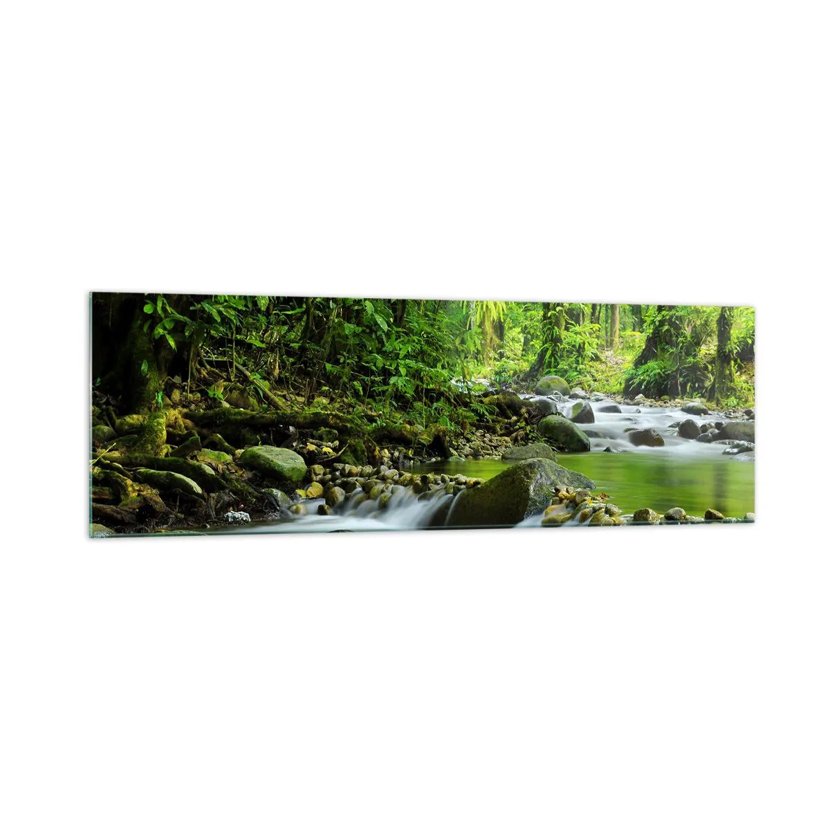 Cuadro sobre vidrio - Impresiones sobre Vidrio - Un arroyo en un exuberante bosque tropical. - 160x50cm - Flotar en un mar de verde - Decoración de pared moderna para salón y dormitorio ARTTOR