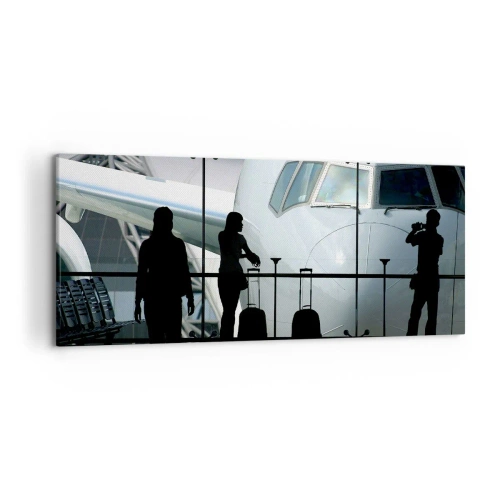 Cuadro sobre lienzo - Impresión de Imagen - Aeropuerto con siluetas de personas y una vista del avión. - 120x50cm - Vis a vis en el aeropuerto - Decoración de pared moderna para salón y dormitorio ARTTOR