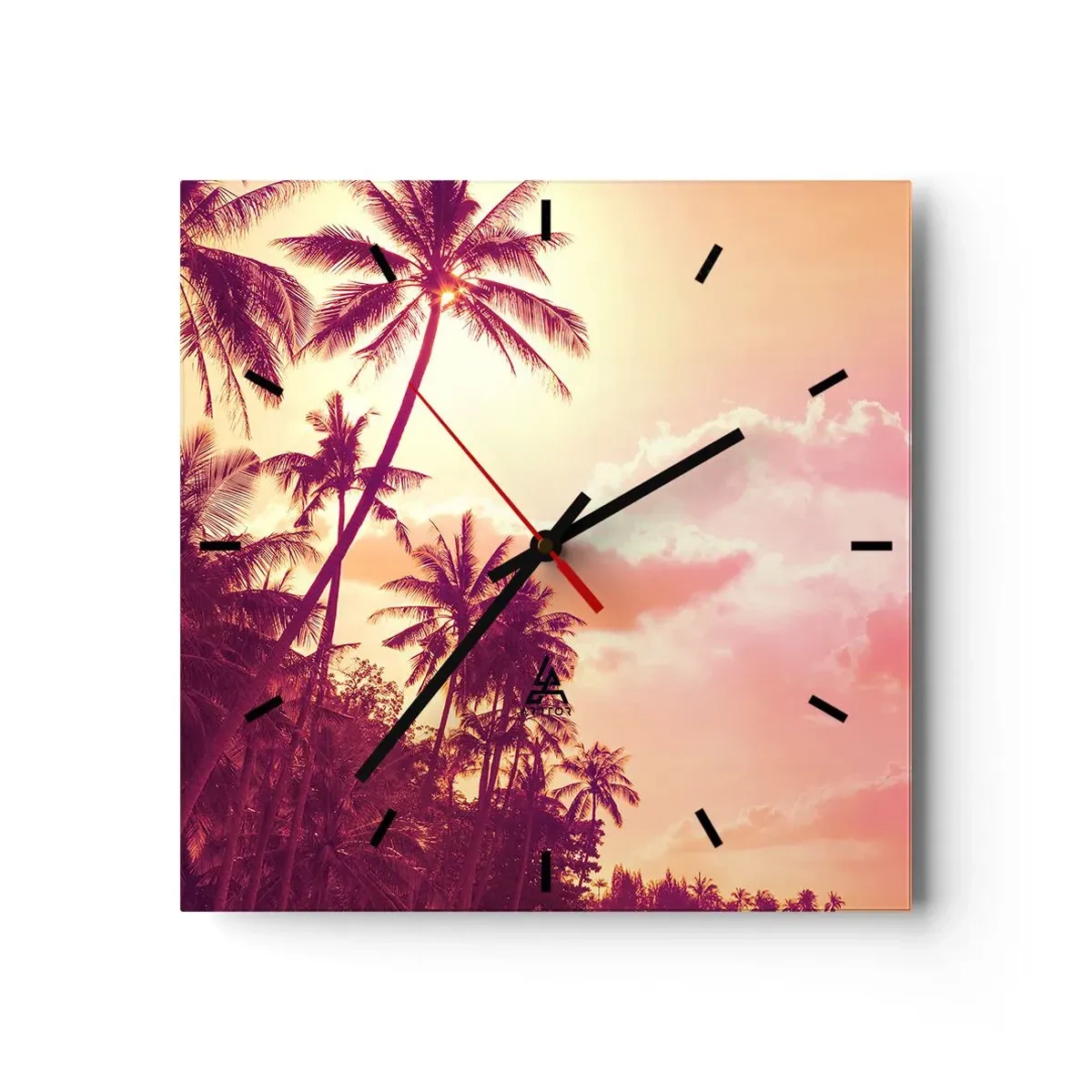 Reloj de pared - Reloj de vidrio - Palmeras iluminadas por el sol poniente en un cielo tropical - 30x30cm - Debes elegir - Decoración de pared moderna para salón y dormitorio ARTTOR