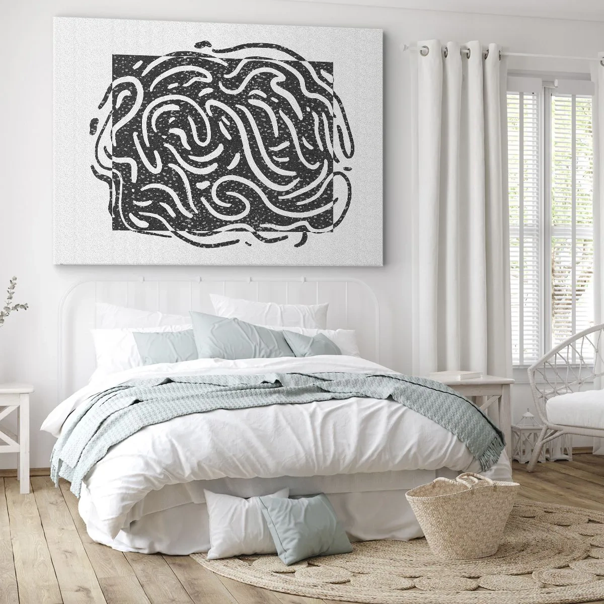 Cuadro sobre lienzo - Impresión de Imagen - Abstracción en blanco y negro en estilo geométrico. - 70x50cm - Abstracción: una danza de alegría - Decoración de pared moderna para salón y dormitorio ARTTOR