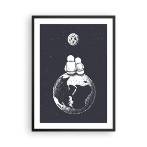Póster en marco negro - Astronautas sentados en la Tierra mirando la Luna - 50x70cm - Una historia de amor cósmico - Decoración de pared moderna para salón y dormitorio ARTTOR