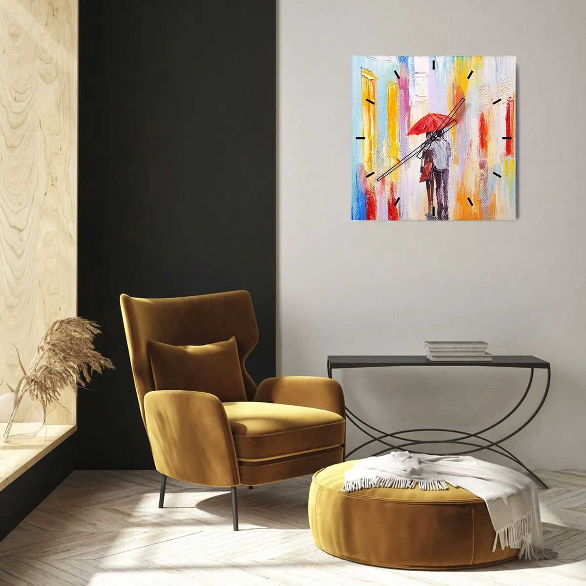 Reloj de pared - Reloj de vidrio - Una pareja bajo un paraguas rojo con edificios coloridos al fondo. - 30x30cm - Que siga lloviendo - Decoración de pared moderna para salón y dormitorio ARTTOR