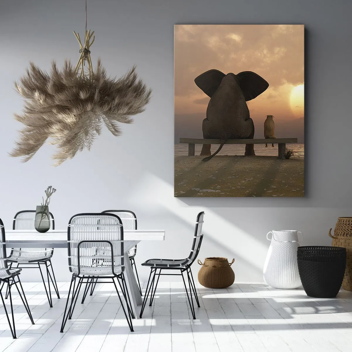 Cuadro sobre lienzo - Impresión de Imagen - Un elefante y un perro están sentados en un banco en la playa durante el atardecer. - 50x70cm - Es bueno estar en silencio juntos - Decoración de pared moderna para salón y dormitorio ARTTOR