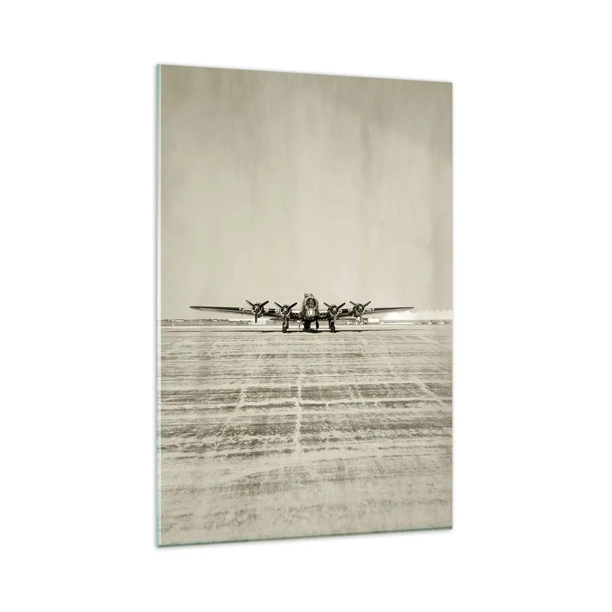 Cuadro sobre vidrio - Impresiones sobre Vidrio - Avión histórico en el aeropuerto en sepia - 80x120cm - Como siempre, preparado - Decoración de pared moderna para salón y dormitorio ARTTOR