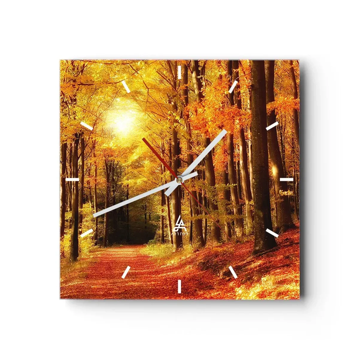 Reloj de pared - Reloj de vidrio - Un otoño dorado en una carretera forestal - 40x40 cm