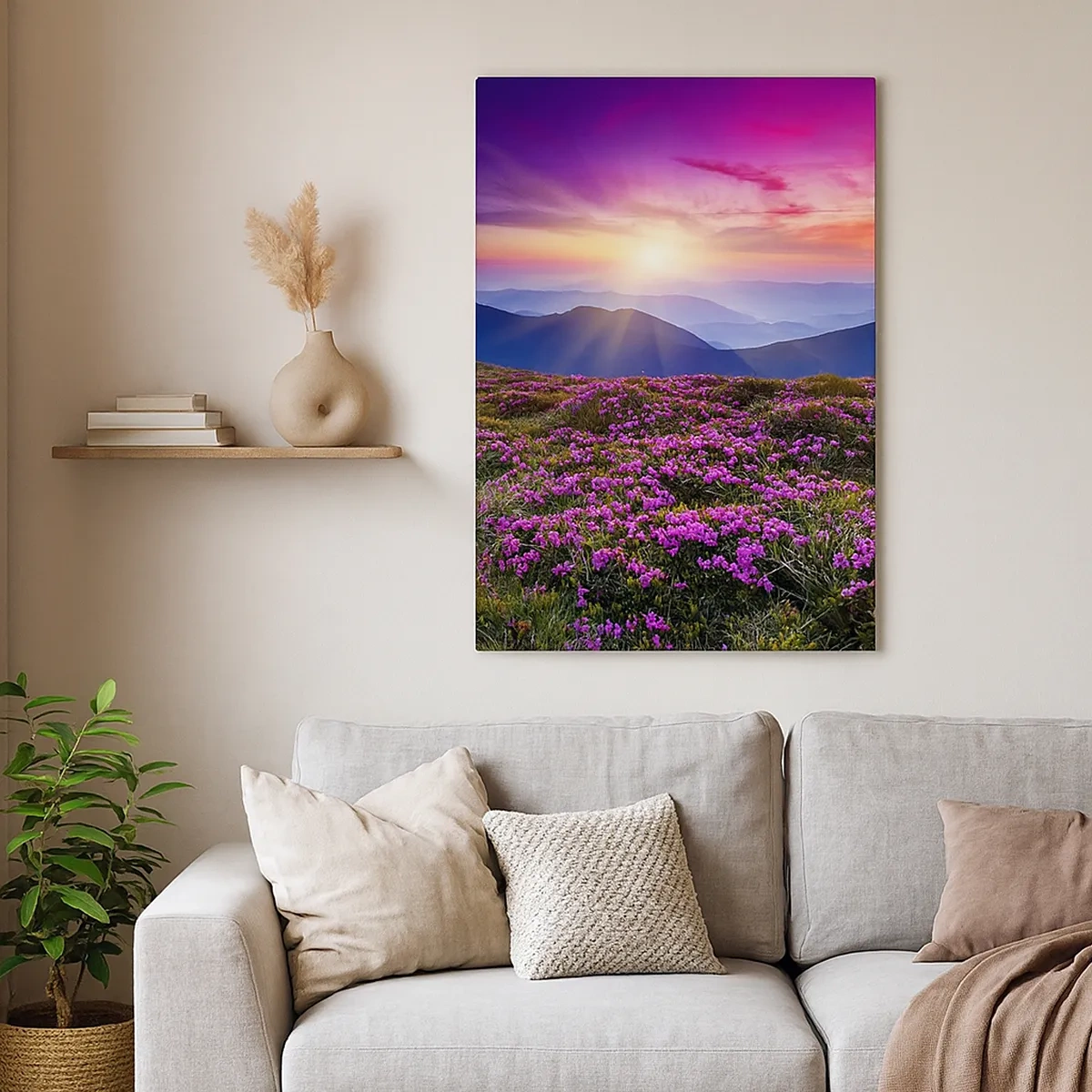 Cuadro sobre lienzo - Impresión de Imagen - Prado de montaña con flores al atardecer - 50x70cm - Dulce aroma a frescura - Decoración de pared moderna para salón y dormitorio ARTTOR